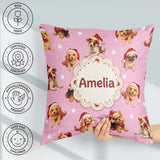 Custom Name Christmas Puppies Santa Hat on Dusty Pink Background Square Filled Cushion Throw Pillow Sofa Bed Home Decor Zip Washable UK Made