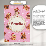 Cute Christmas Puppies Santa Hat on Dusty Pink Background Seamless  Personalised Custom Name Super Soft Fleece Blanket Bed Sofa Throw