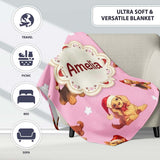 Cute Christmas Puppies Santa Hat on Dusty Pink Background Seamless  Personalised Custom Name Super Soft Fleece Blanket Bed Sofa Throw