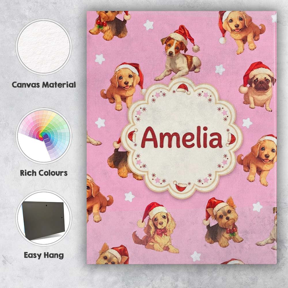 Personalised Name Cute Christmas Puppies Custom  Unique Gift Idea Elegant Feature Canvas Wall Art Print Decor Picture Ready to Hang