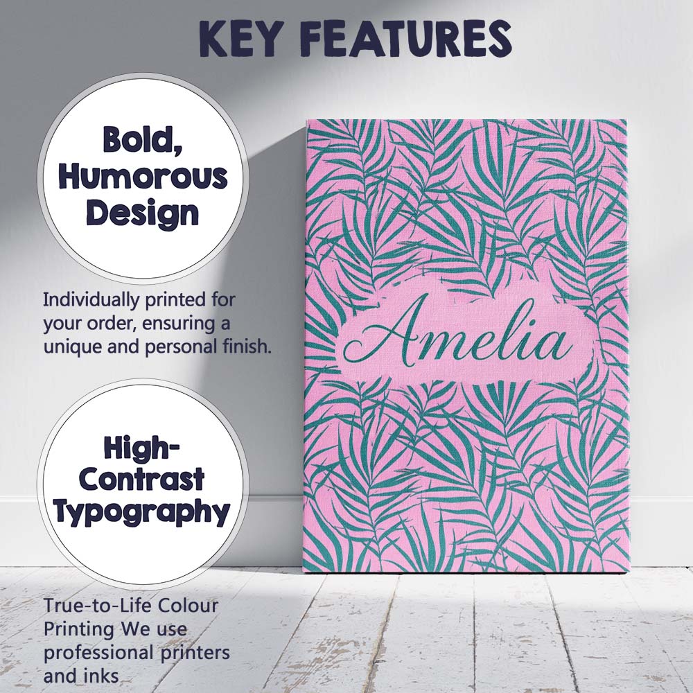 Personalised Name Bold Tropical Leaves Pink Green Abstract Seamless Custom Canvas Wall Art Print Decor Picture Ready to Hang