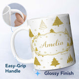 Personalized Custom Name Gold Glitter Christmas Tree Pattern White Background Seamless Lovely 11oz Ceramic Coffee Tea Mug White Large Handle