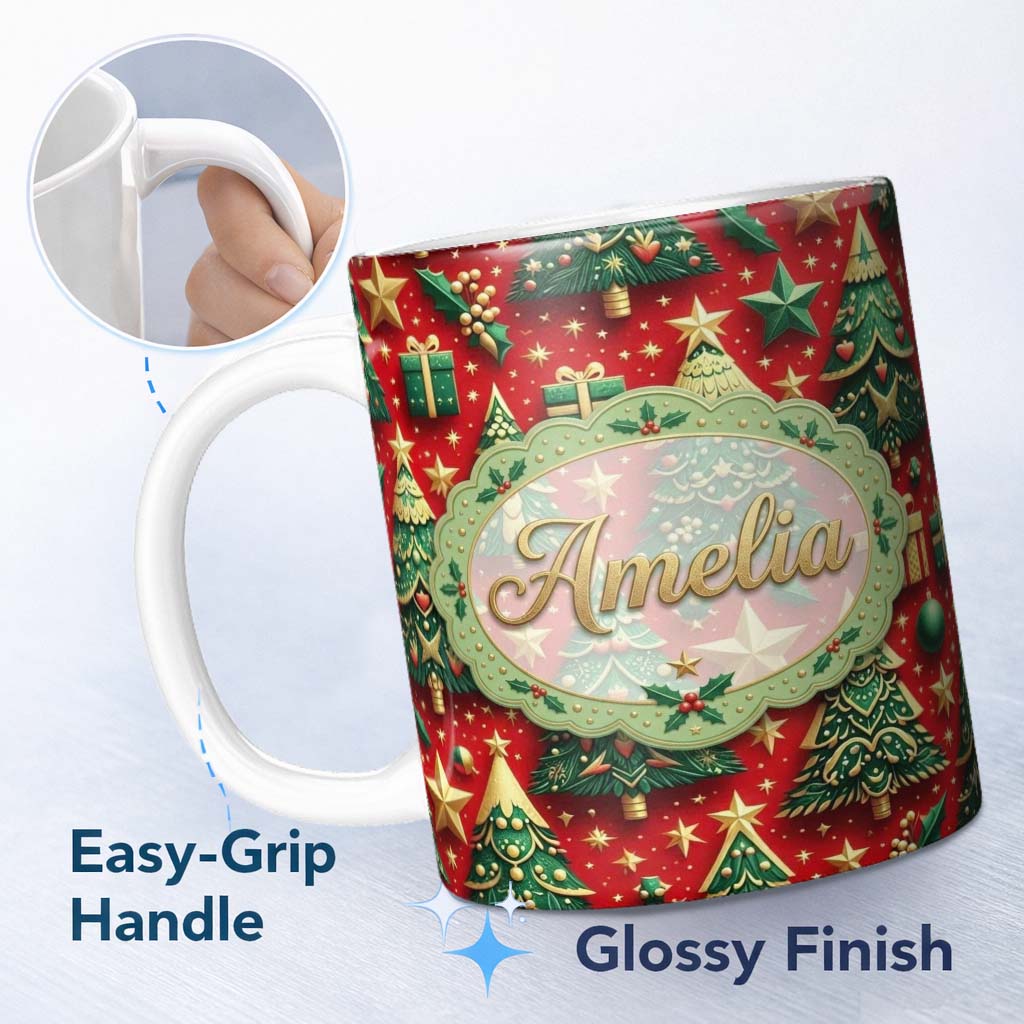 Personalized Custom Name Luxury Christmas Trees with Gold Stars Gifts and Ornaments on Red 11oz Ceramic Coffee Tea Mug White Large Handle