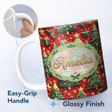 Personalized Custom Name Luxury Christmas Trees with Gold Stars Gifts and Ornaments on Red 11oz Ceramic Coffee Tea Mug White Large Handle