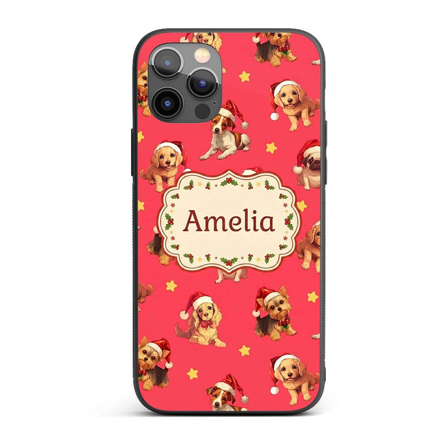 Cute Christmas Puppies Santa Hat on Bright Red Custom Name Protective Phone Case Mobile Cover Durable Everyday Smartphone Shock Resistant