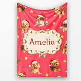 Cute Christmas Puppies Santa Hat on Bright Red Background Seamless  Personalised Custom Name Super Soft Fleece Blanket Bed Sofa Throw