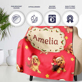 Cute Christmas Puppies Santa Hat on Bright Red Background Seamless  Personalised Custom Name Super Soft Fleece Blanket Bed Sofa Throw