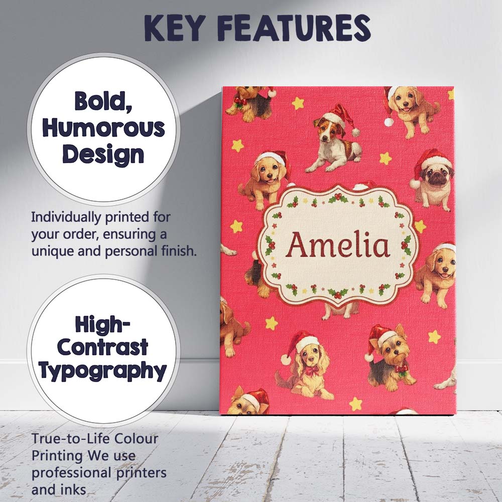 Personalised Name Cute Christmas Puppies Custom  Unique Gift Idea Elegant Feature Canvas Wall Art Print Decor Picture Ready to Hang