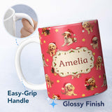Personalized Custom Name Cute Christmas Puppies Santa Hat on Bright Red Background Seamless 11oz Ceramic Coffee Tea Mug White Large Handle