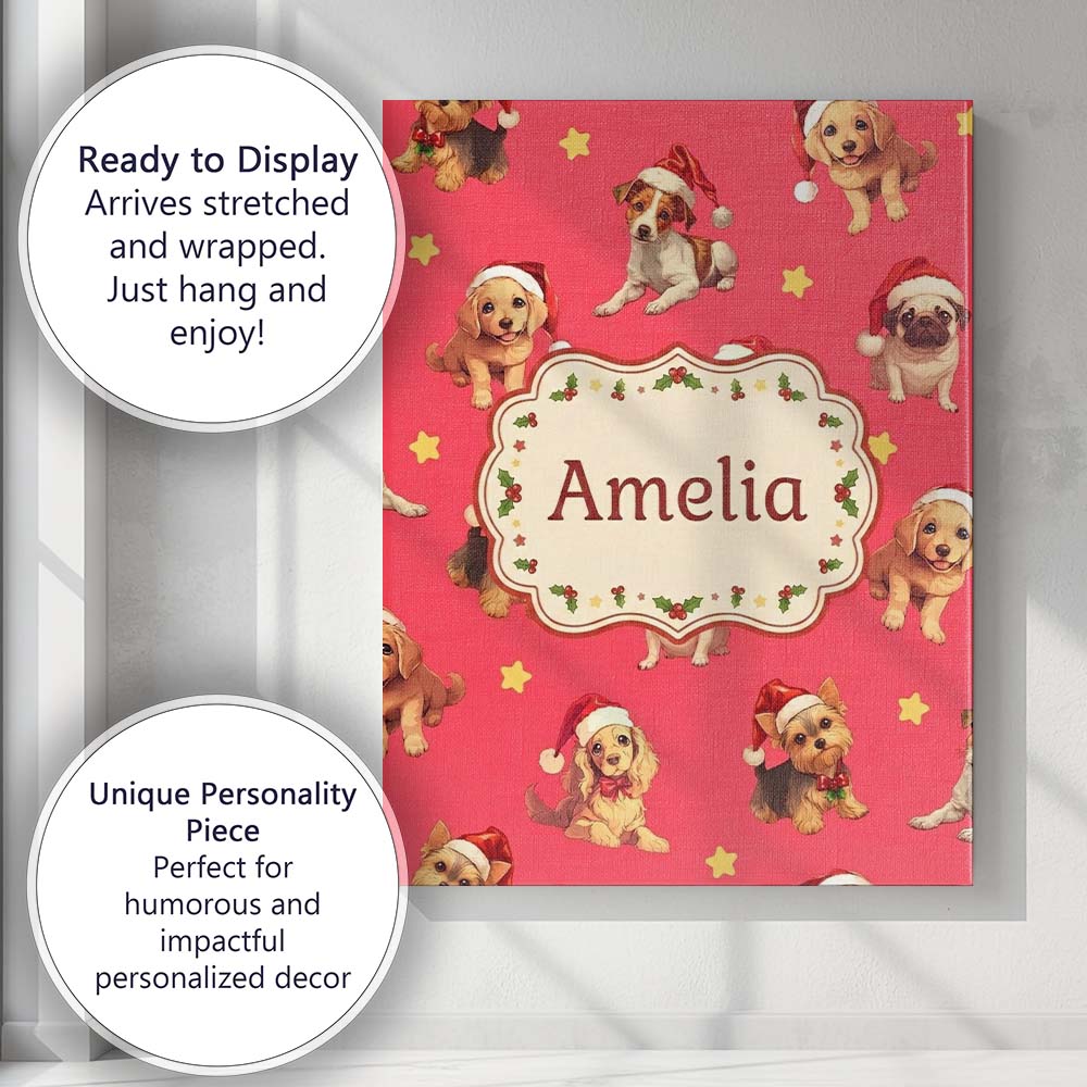 Personalised Name Cute Christmas Puppies Custom  Unique Gift Idea Elegant Feature Canvas Wall Art Print Decor Picture Ready to Hang