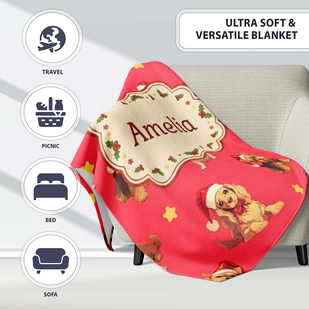 Cute Christmas Puppies Santa Hat on Bright Red Background Seamless  Personalised Custom Name Super Soft Fleece Blanket Bed Sofa Throw