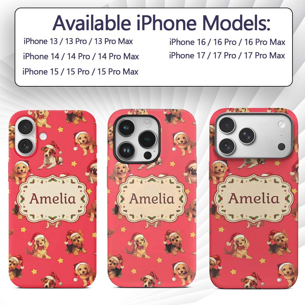 Cute Christmas Puppies Santa Hat on Bright Red Custom Name Protective Phone Case Mobile Cover Durable Everyday Smartphone Shock Resistant