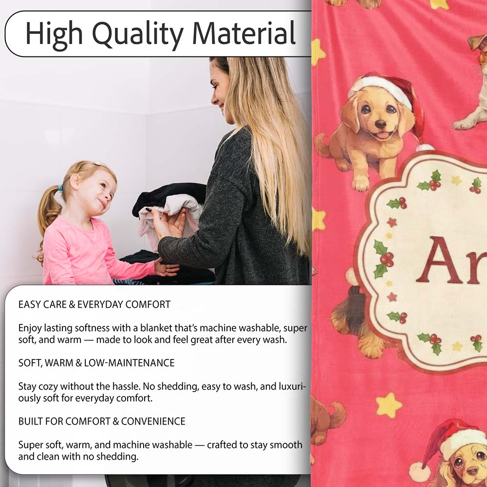Cute Christmas Puppies Santa Hat on Bright Red Background Seamless  Personalised Custom Name Super Soft Fleece Blanket Bed Sofa Throw