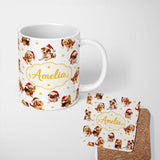 Personalized Custom Name Cute Christmas Puppies Santa Hat on Soft Grey Background Seamless 11oz Ceramic Coffee Tea Mug White Large Handle