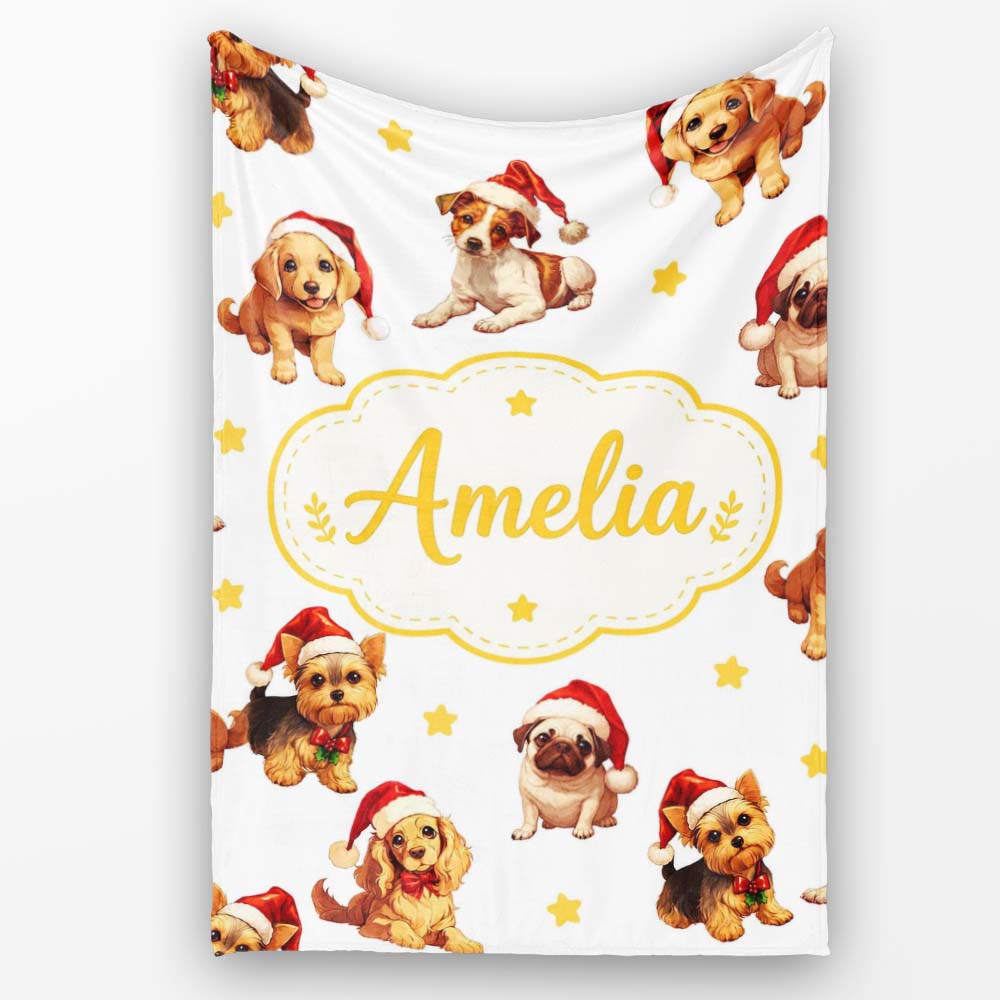 Cute Christmas Puppies Santa Hat on Soft Grey Background Seamless  Personalised Custom Name Super Soft Fleece Blanket Bed Sofa Throw