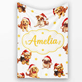 Cute Christmas Puppies Santa Hat on Soft Grey Background Seamless  Personalised Custom Name Super Soft Fleece Blanket Bed Sofa Throw