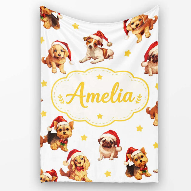 Cute Christmas Puppies Santa Hat on Soft Grey Background Seamless  Personalised Custom Name Super Soft Fleece Blanket Bed Sofa Throw