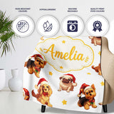 Cute Christmas Puppies Santa Hat on Soft Grey Background Seamless  Personalised Custom Name Super Soft Fleece Blanket Bed Sofa Throw