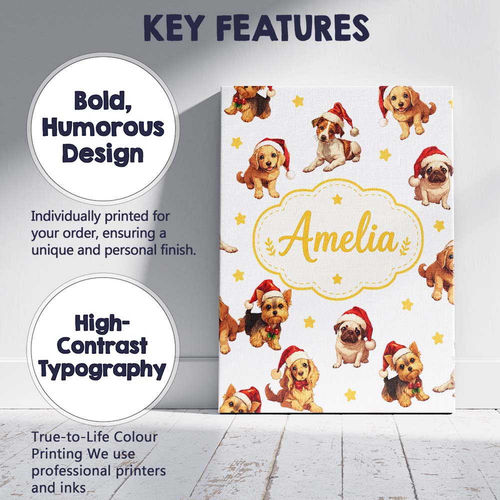 Personalised Name Cute Christmas Puppies Custom  Unique Gift Idea Elegant Feature Canvas Wall Art Print Decor Picture Ready to Hang