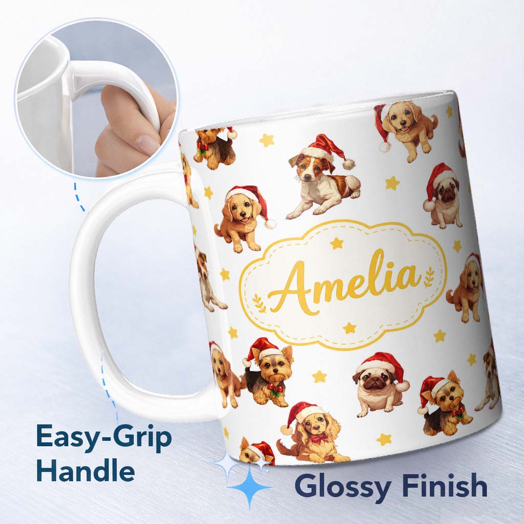 Personalized Custom Name Cute Christmas Puppies Santa Hat on Soft Grey Background Seamless 11oz Ceramic Coffee Tea Mug White Large Handle