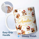 Personalized Custom Name Cute Christmas Puppies Santa Hat on Soft Grey Background Seamless 11oz Ceramic Coffee Tea Mug White Large Handle