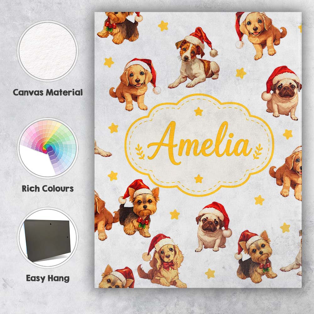 Personalised Name Cute Christmas Puppies Custom  Unique Gift Idea Elegant Feature Canvas Wall Art Print Decor Picture Ready to Hang