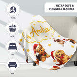 Cute Christmas Puppies Santa Hat on Soft Grey Background Seamless  Personalised Custom Name Super Soft Fleece Blanket Bed Sofa Throw