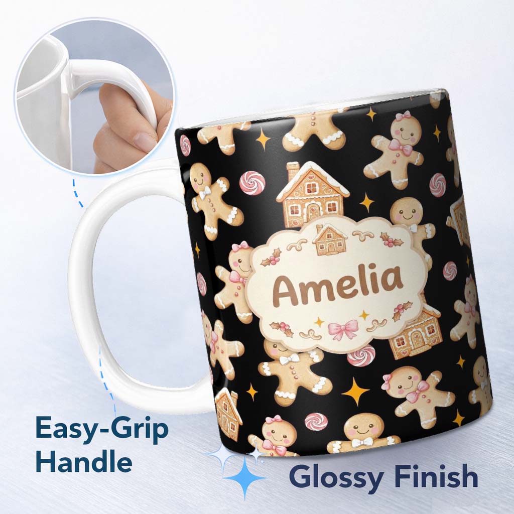 Personalized Custom Name Cute Gingerbread Cookies Candy House on Black Background Seamless 11oz Ceramic Coffee Tea Mug White Large Handle