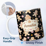Personalized Custom Name Cute Gingerbread Cookies Candy House on Black Background Seamless 11oz Ceramic Coffee Tea Mug White Large Handle