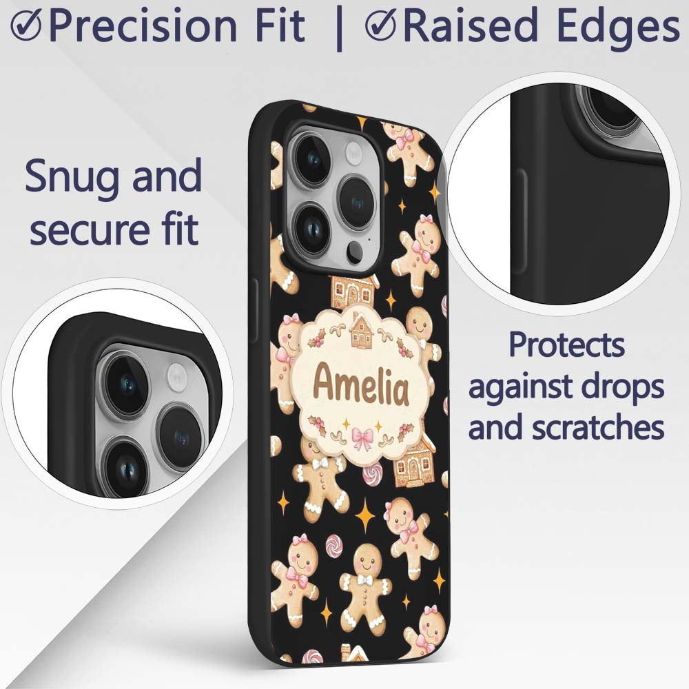 Cute Gingerbread Cookies Candy House on Black Custom Name Protective Phone Case Mobile Cover Durable Everyday Smartphone Shock Resistant