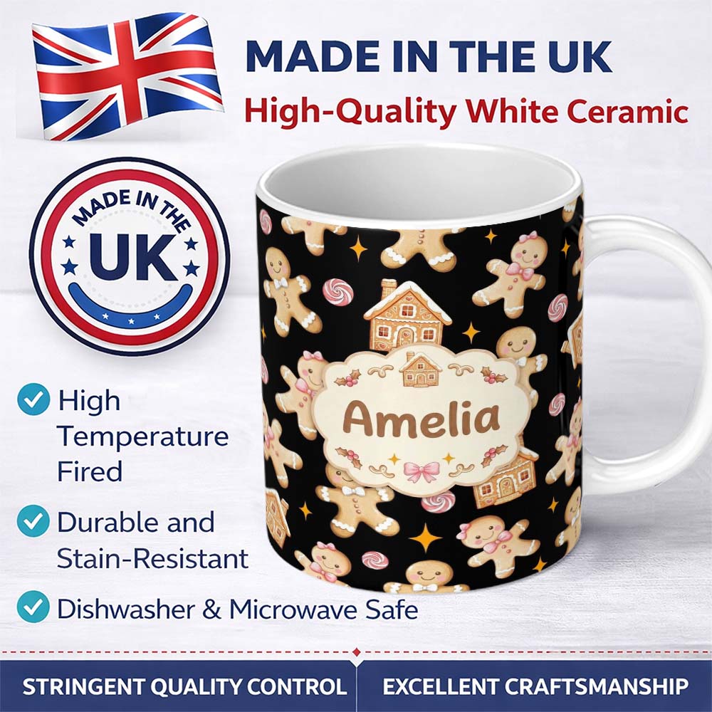 Personalized Custom Name Cute Gingerbread Cookies Candy House on Black Background Seamless 11oz Ceramic Coffee Tea Mug White Large Handle