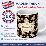 Personalized Custom Name Cute Gingerbread Cookies Candy House on Black Background Seamless 11oz Ceramic Coffee Tea Mug White Large Handle