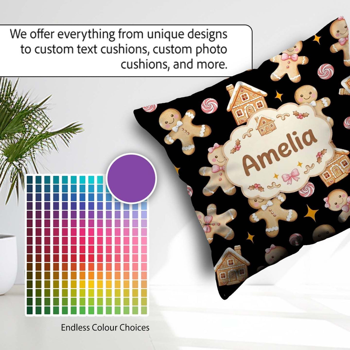 Custom Name Gingerbread Candy House on Black Background Seamless Square Filled Cushion Throw Pillow Sofa Bed Home Decor Zip Washable UK Made