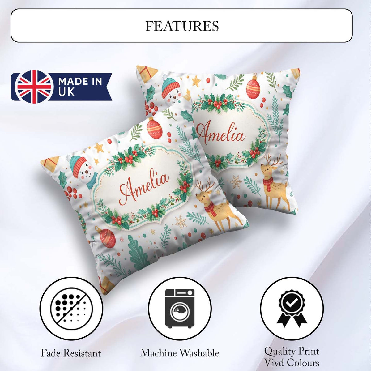 Custom Name Snowman Reindeer Wreath Winter Cute Seamless Pattern Square Filled Cushion Throw Pillow Sofa Bed Home Decor Zip Washable UK Made