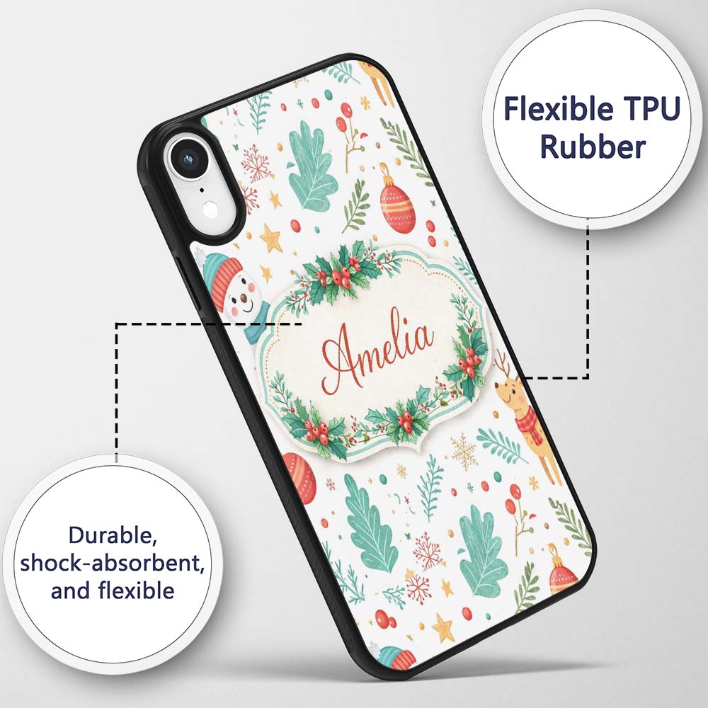 Snowman Reindeer Wreath Winter Christmas Cute Custom Name Protective Phone Case Mobile Cover Durable Everyday Smartphone Shock Resistant