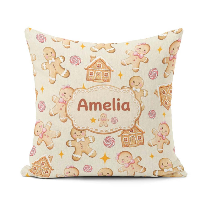 Custom Name Cute Gingerbread Cookies Candy House on Soft Cream Square Filled Cushion Throw Pillow Sofa Bed Home Decor Zip Washable UK Made