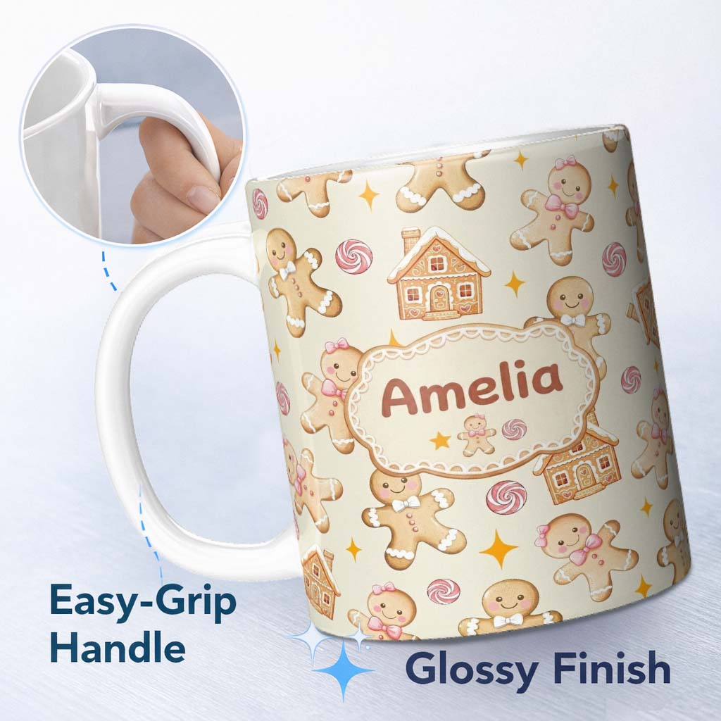 Personalized Custom Name Cute Gingerbread Cookies Candy House on Soft Cream Background 11oz Ceramic Coffee Tea Mug White Large Handle