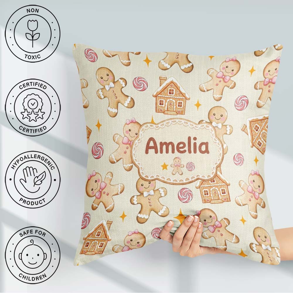 Custom Name Cute Gingerbread Cookies Candy House on Soft Cream Square Filled Cushion Throw Pillow Sofa Bed Home Decor Zip Washable UK Made