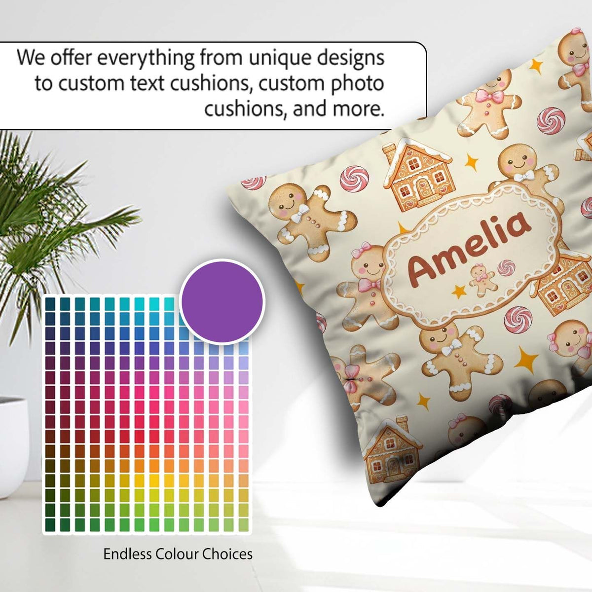 Custom Name Cute Gingerbread Cookies Candy House on Soft Cream Square Filled Cushion Throw Pillow Sofa Bed Home Decor Zip Washable UK Made