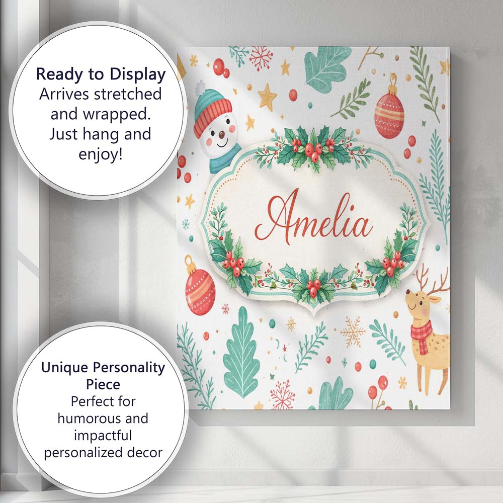 Personalised Name Snowman Reindeer Wreath Winter Christmas Cute Custom  Statement Canvas Wall Art Print Decor Picture Ready to Hang