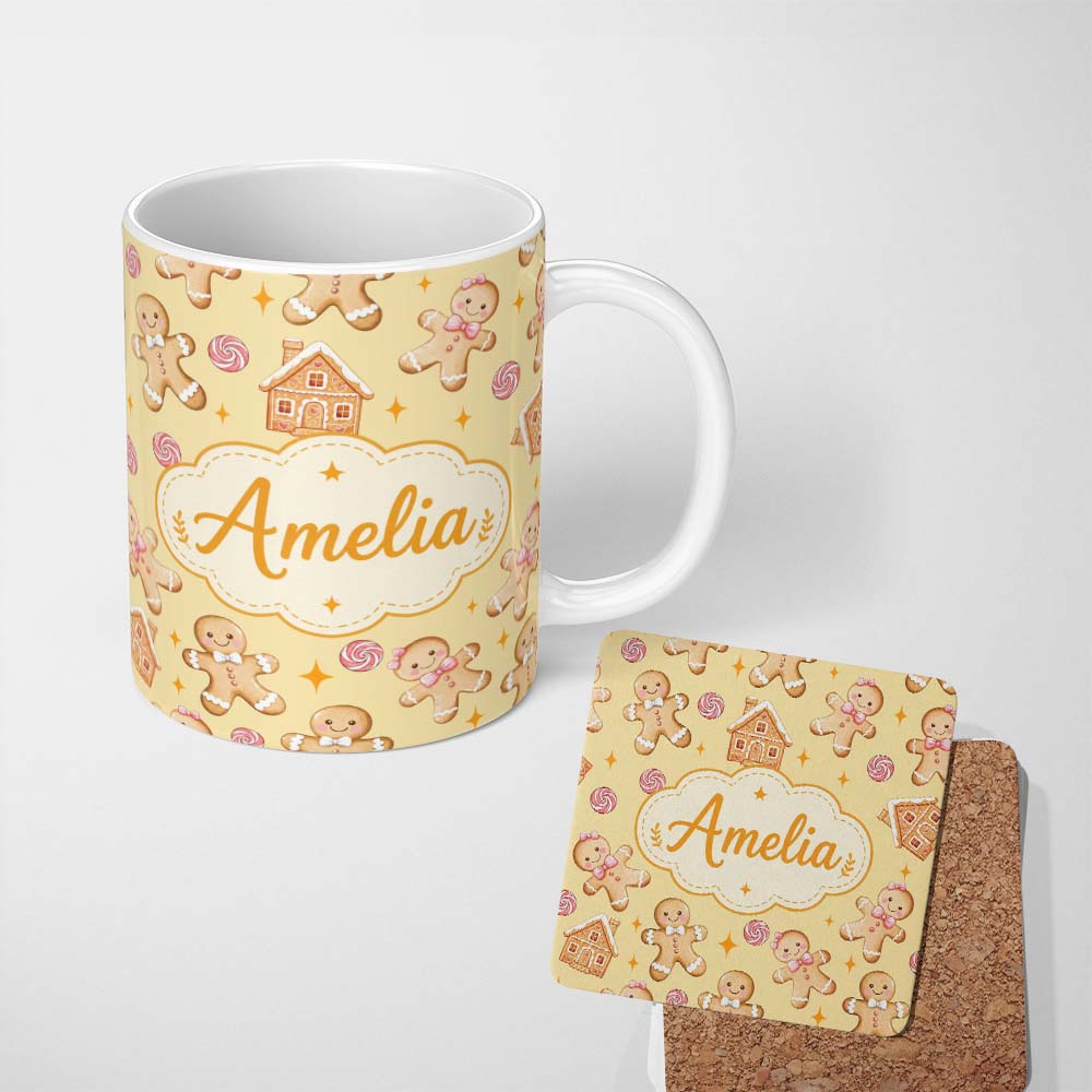 Personalized Custom Name Cute Gingerbread Cookies Candy House on Warm Beige Background 11oz Ceramic Coffee Tea Mug White Large Handle