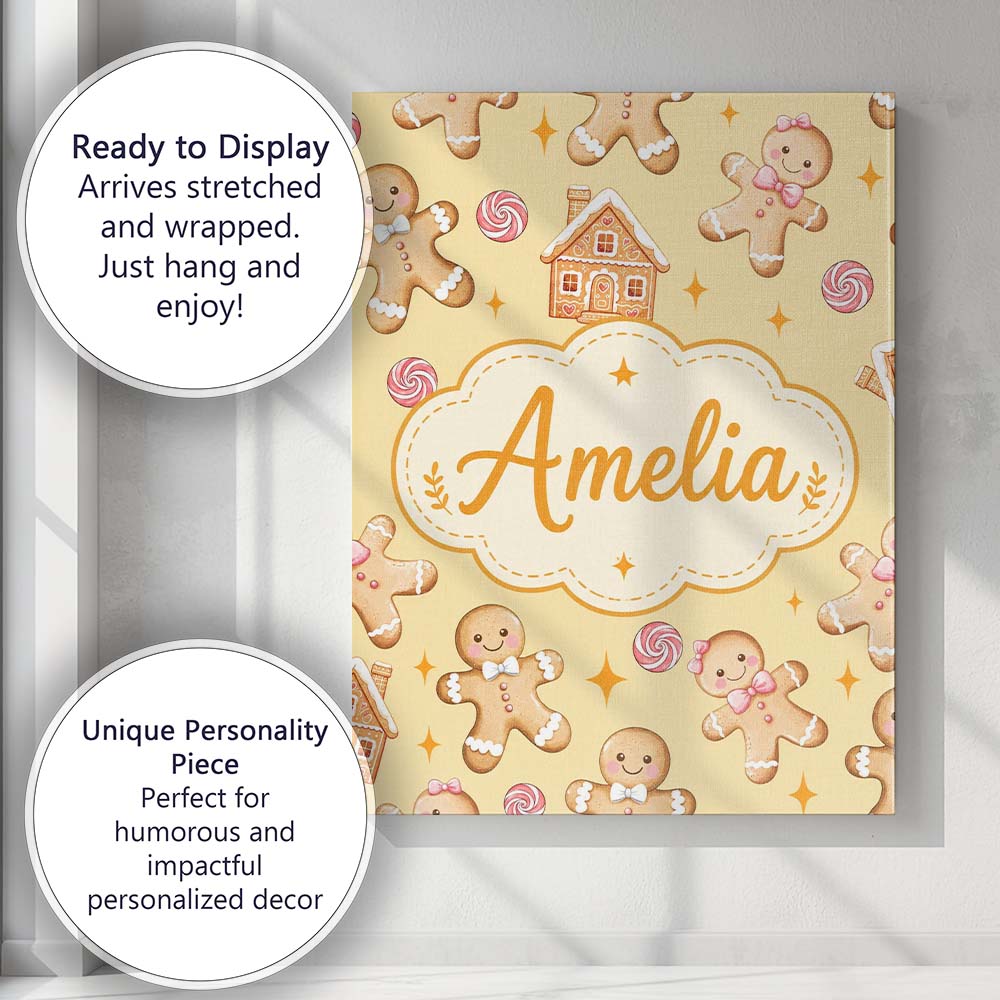 Personalised Name Cute Gingerbread Cookies Custom  Unique Gift Idea Elegant Feature Canvas Wall Art Print Decor Picture Ready to Hang