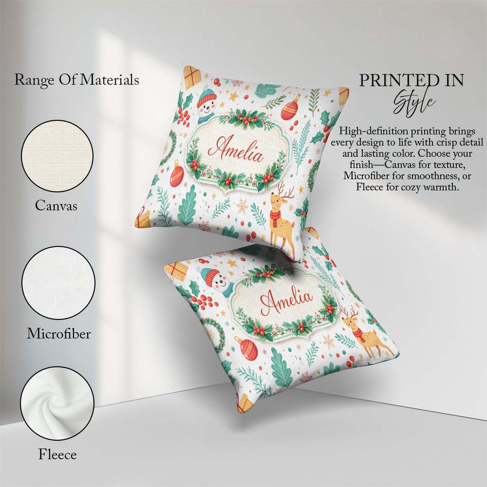 Custom Name Snowman Reindeer Wreath Winter Cute Seamless Pattern Square Filled Cushion Throw Pillow Sofa Bed Home Decor Zip Washable UK Made