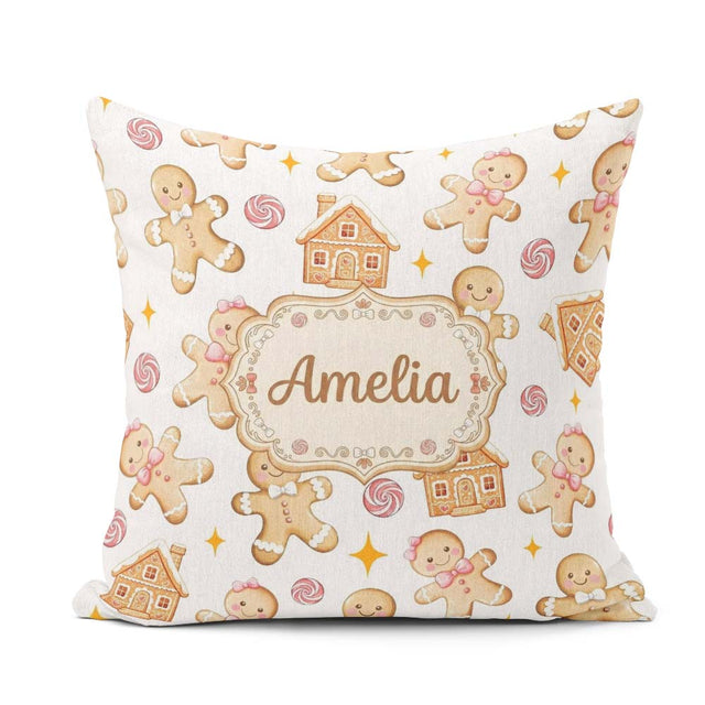 Custom Name Cute Gingerbread Cookies Candy House on Light Grey Square Filled Cushion Throw Pillow Sofa Bed Home Decor Zip Washable UK Made