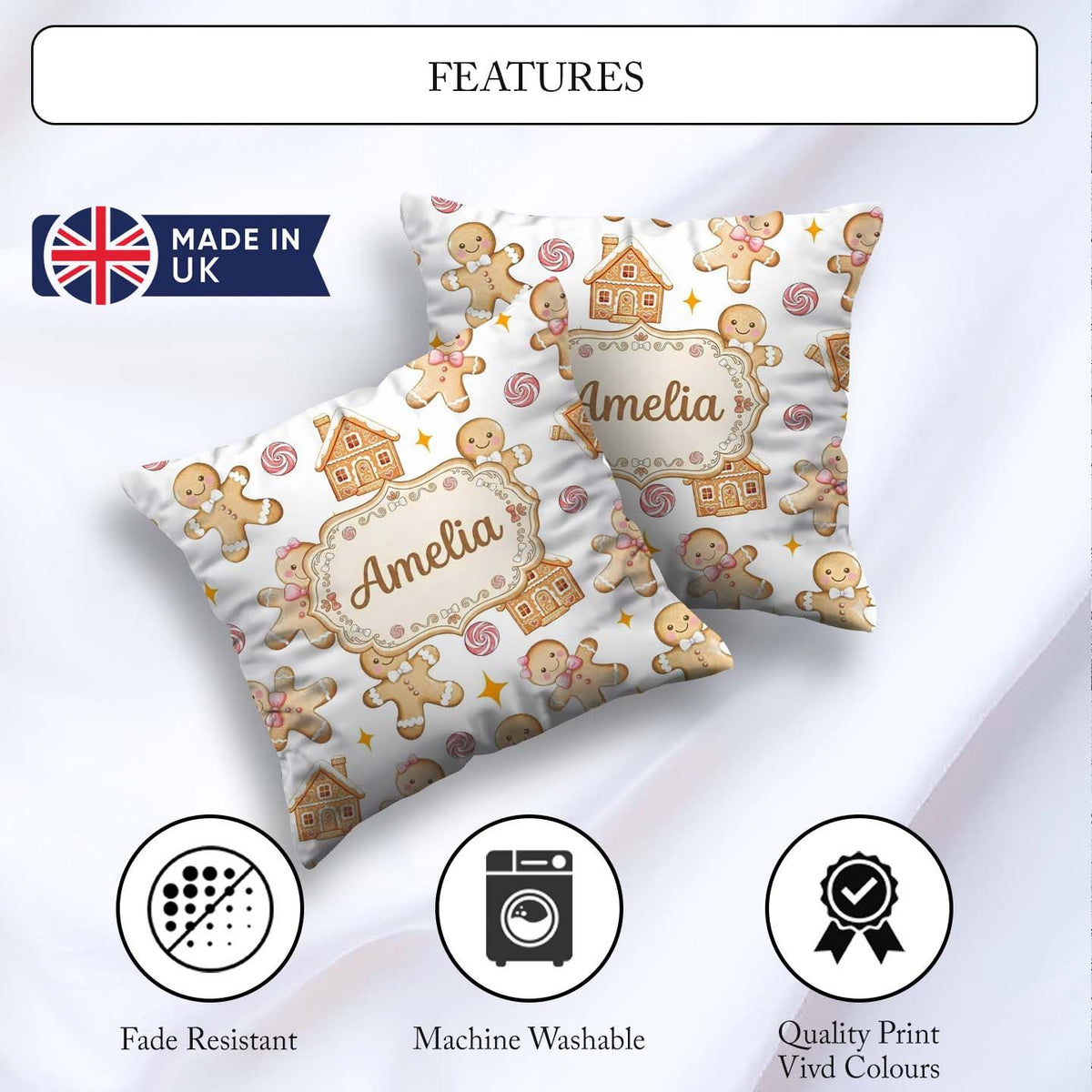 Custom Name Cute Gingerbread Cookies Candy House on Light Grey Square Filled Cushion Throw Pillow Sofa Bed Home Decor Zip Washable UK Made