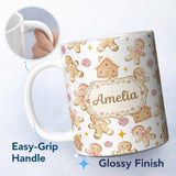 Personalized Custom Name Cute Gingerbread Cookies Candy House on Light Grey Background 11oz Ceramic Coffee Tea Mug White Large Handle