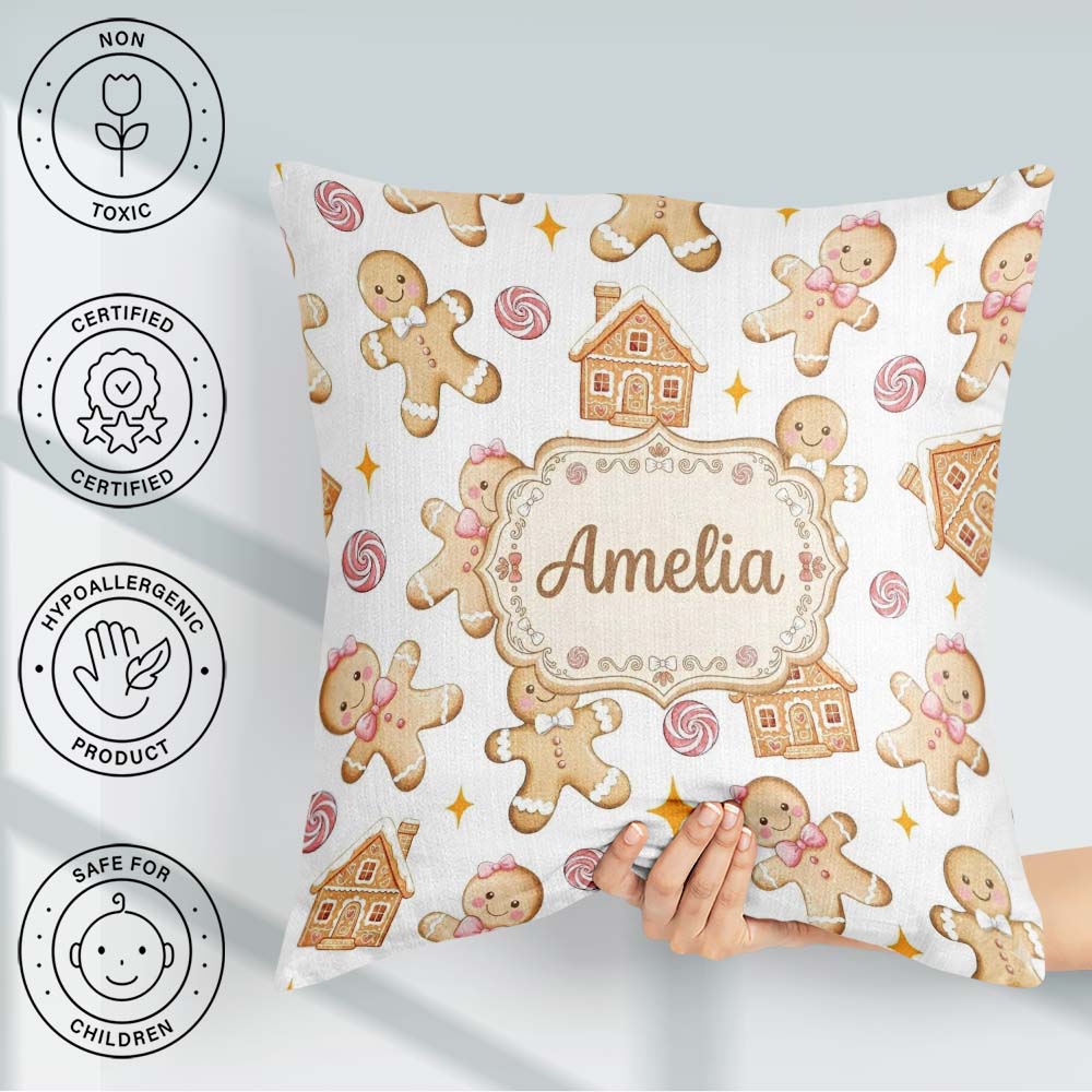 Custom Name Cute Gingerbread Cookies Candy House on Light Grey Square Filled Cushion Throw Pillow Sofa Bed Home Decor Zip Washable UK Made