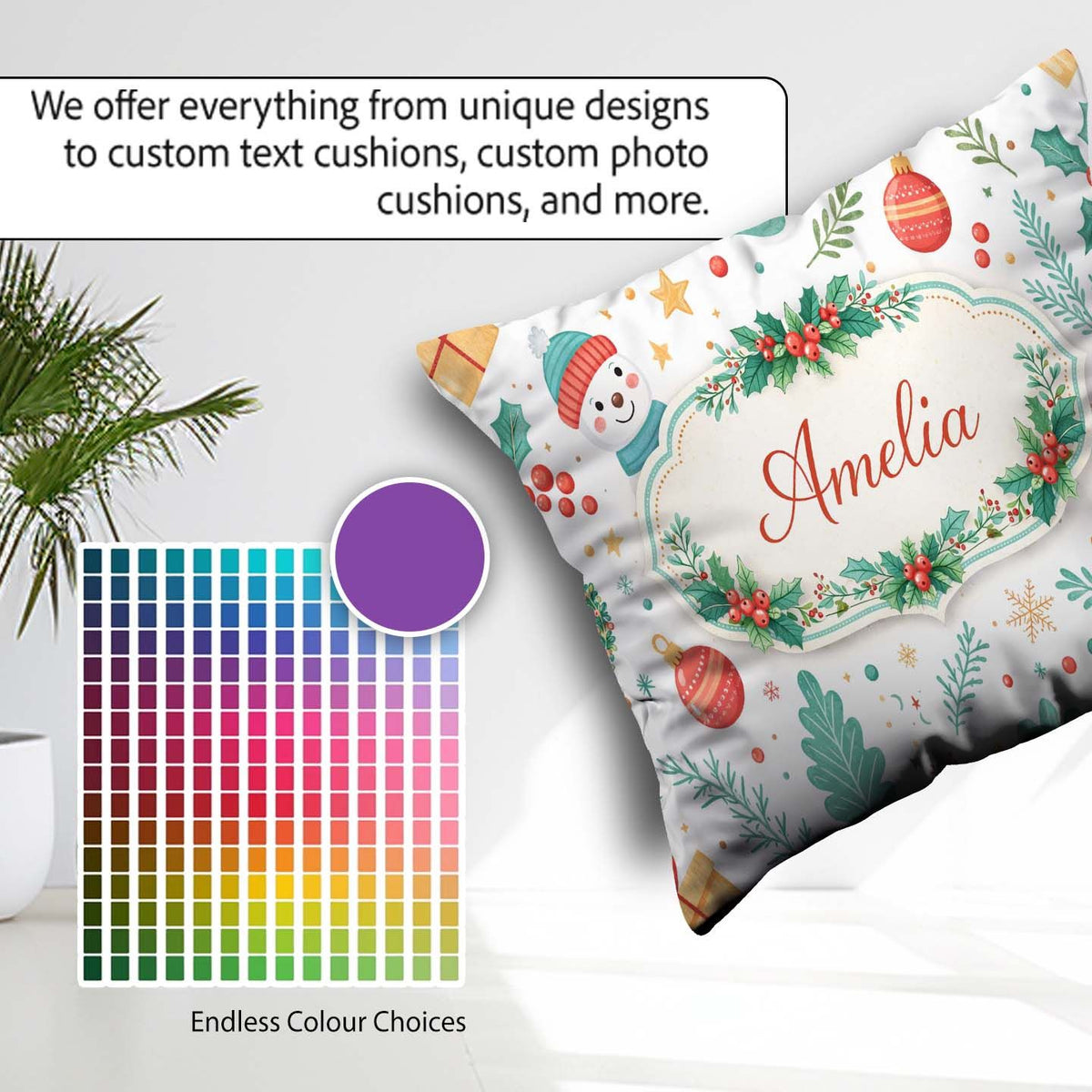 Custom Name Snowman Reindeer Wreath Winter Cute Seamless Pattern Square Filled Cushion Throw Pillow Sofa Bed Home Decor Zip Washable UK Made