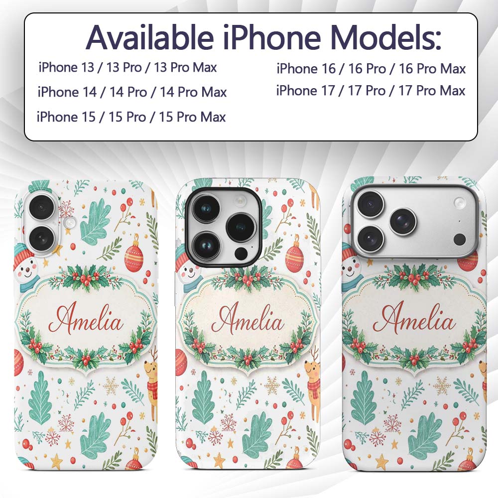Snowman Reindeer Wreath Winter Christmas Cute Custom Name Protective Phone Case Mobile Cover Durable Everyday Smartphone Shock Resistant
