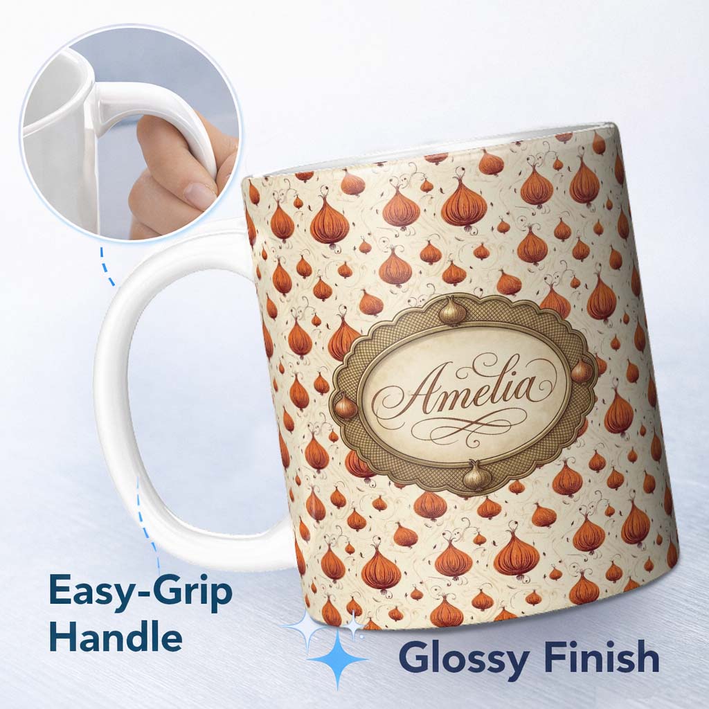 Personalized Custom Name Vintage Onion Seamless Pattern Warm Brown Botanical Illustration 11oz Ceramic Coffee Tea Mug White Large Handle